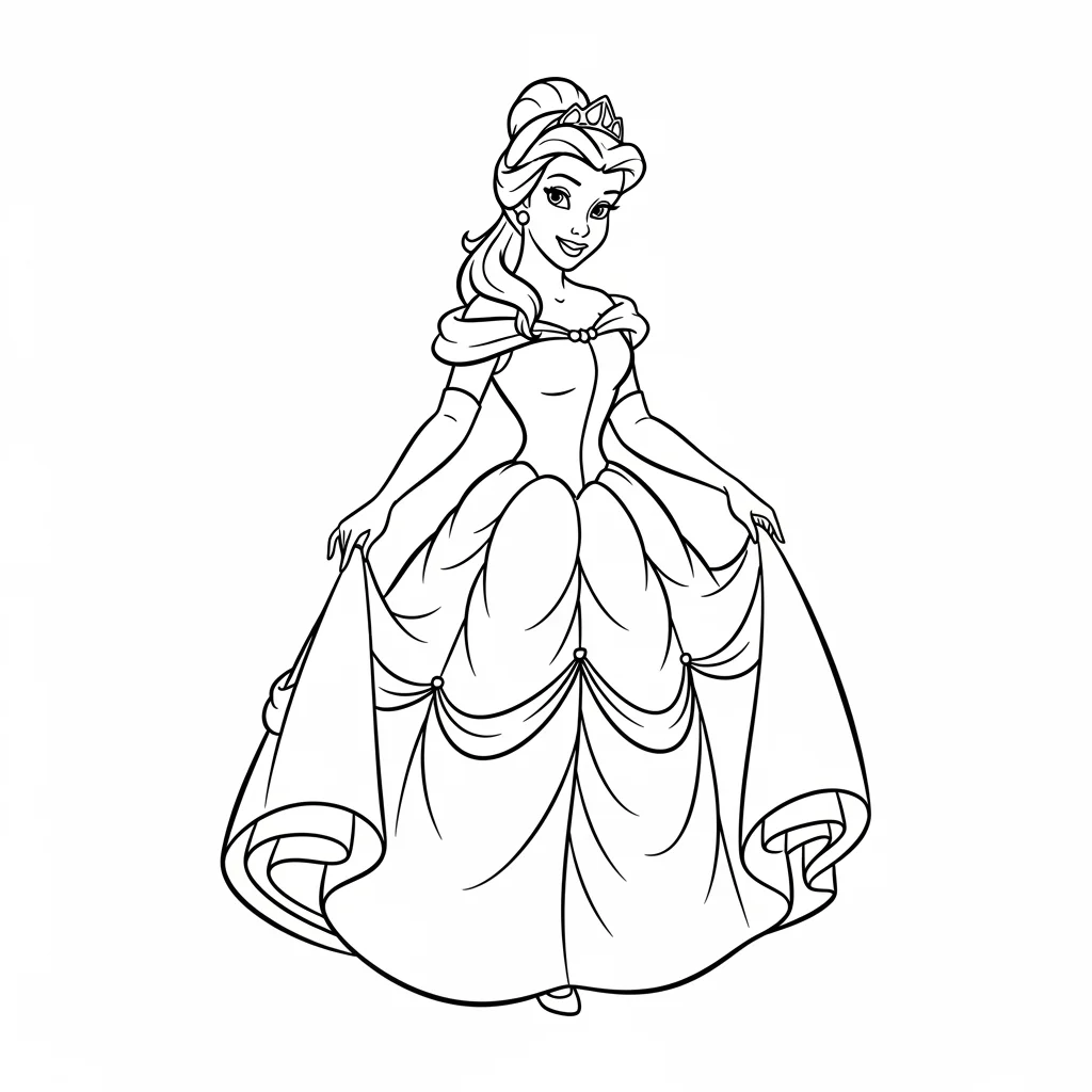 Desenho da Bela dançando com a Fera em um salão elegante para colorir