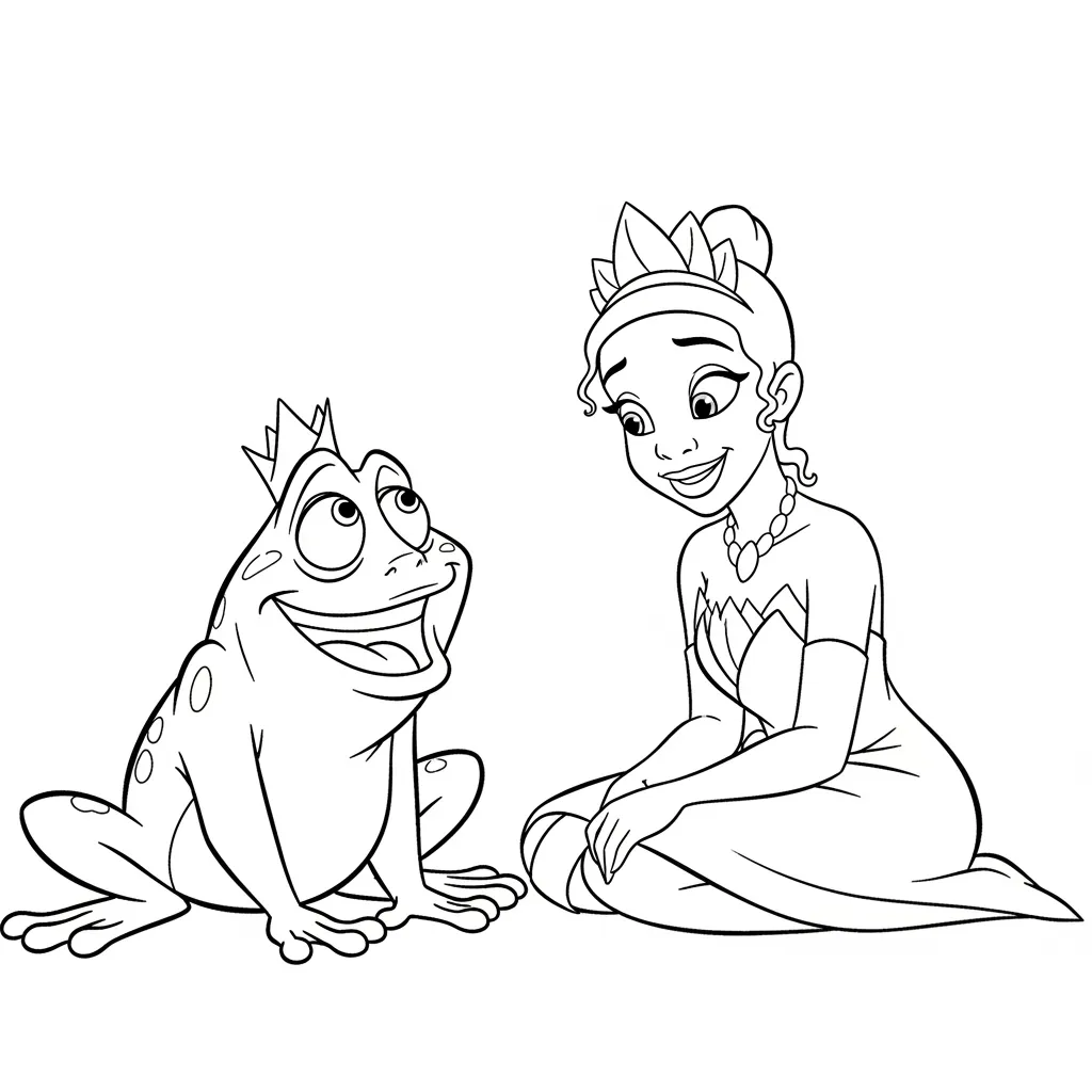 Desenho para colorir de A Princesa e o Sapo com cena encantada