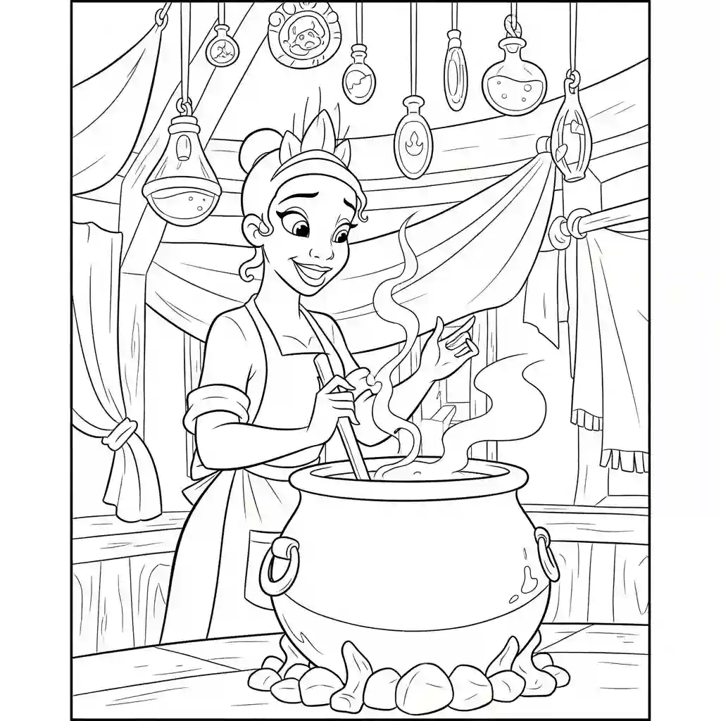 Desenho para colorir de A Princesa e o Sapo com cena encantada