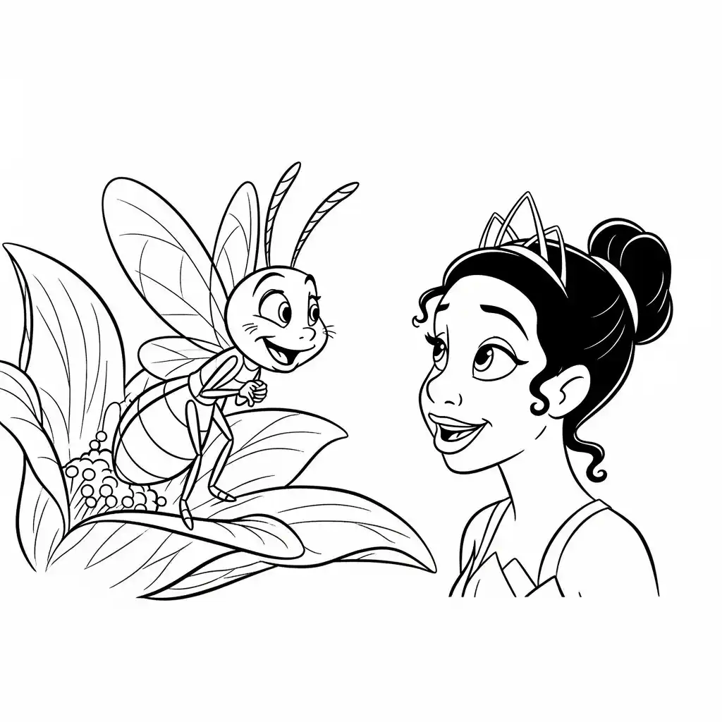Desenho para colorir de A Princesa e o Sapo com cena encantada