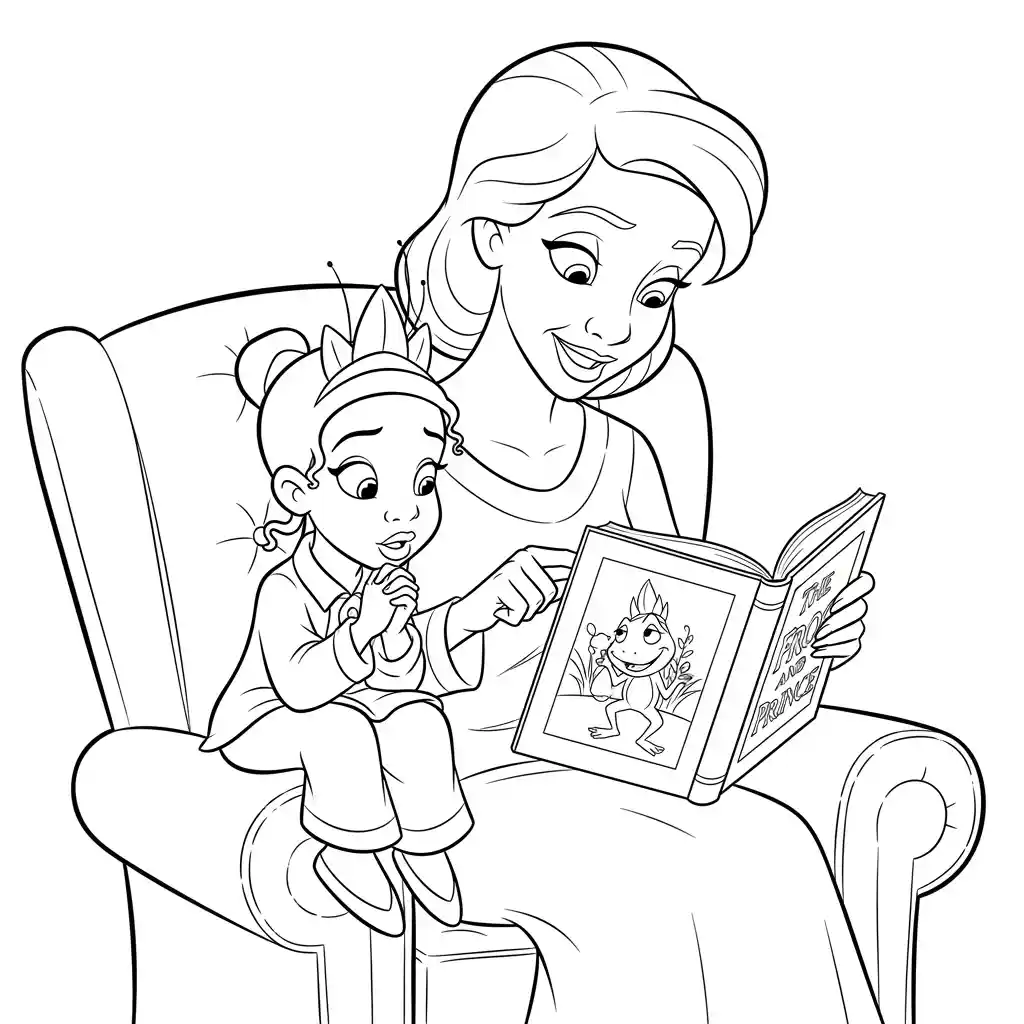 Desenho para colorir de A Princesa e o Sapo com cena encantada