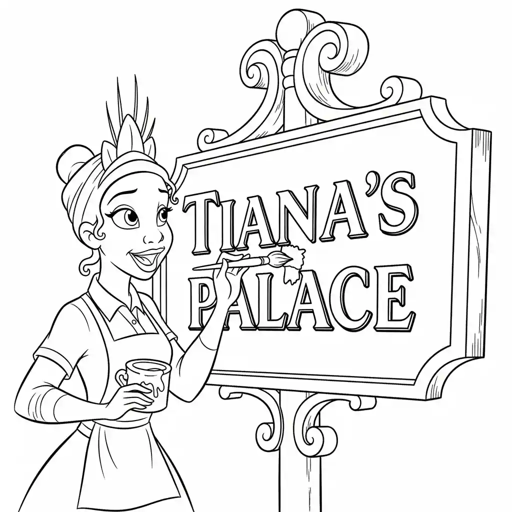 Desenho para colorir de A Princesa e o Sapo com cena encantada