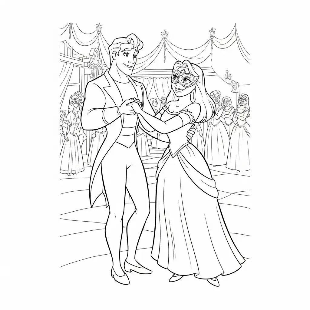 Desenho para colorir de A Princesa e o Sapo com cena encantada