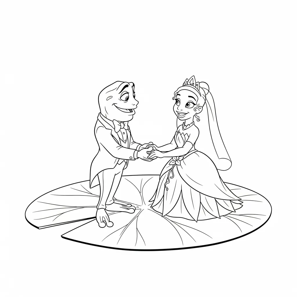 Desenho para colorir de A Princesa e o Sapo com cena encantada