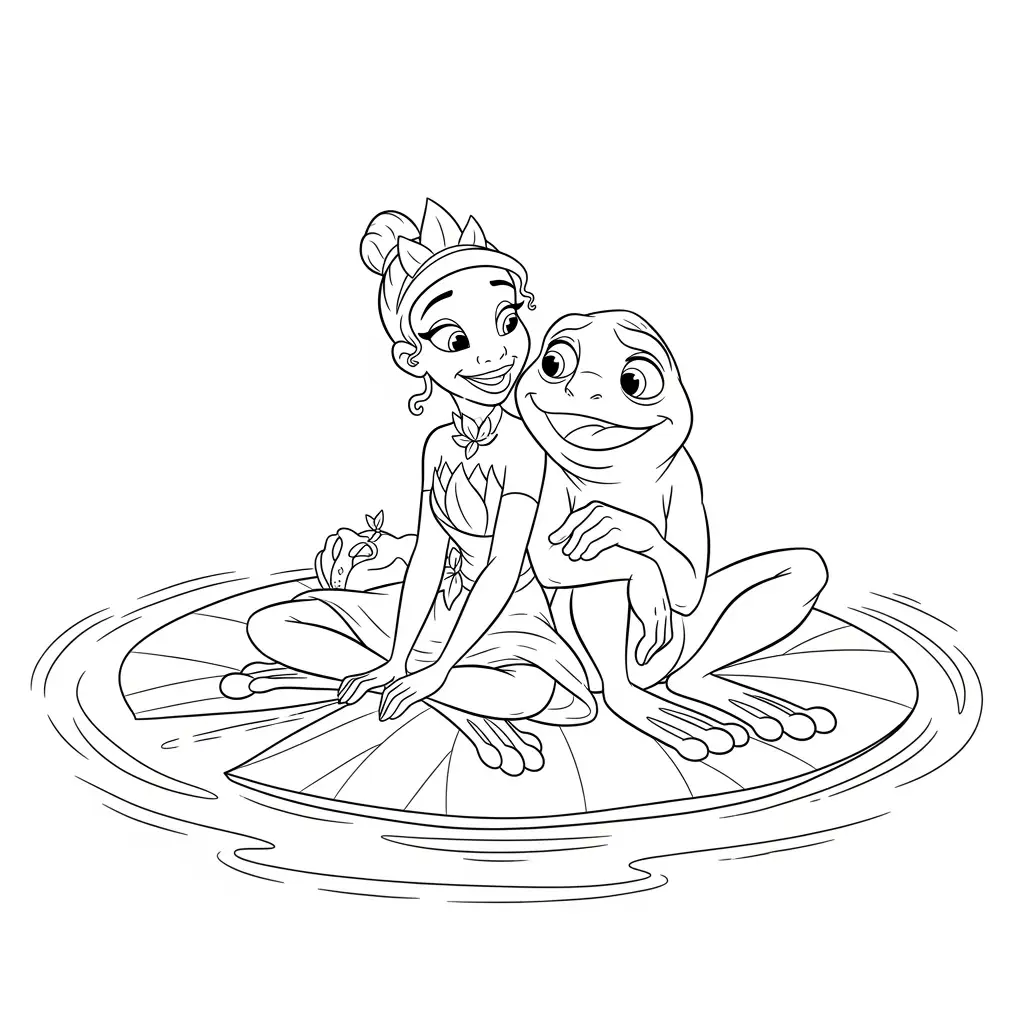Desenho para colorir de A Princesa e o Sapo com cena encantada