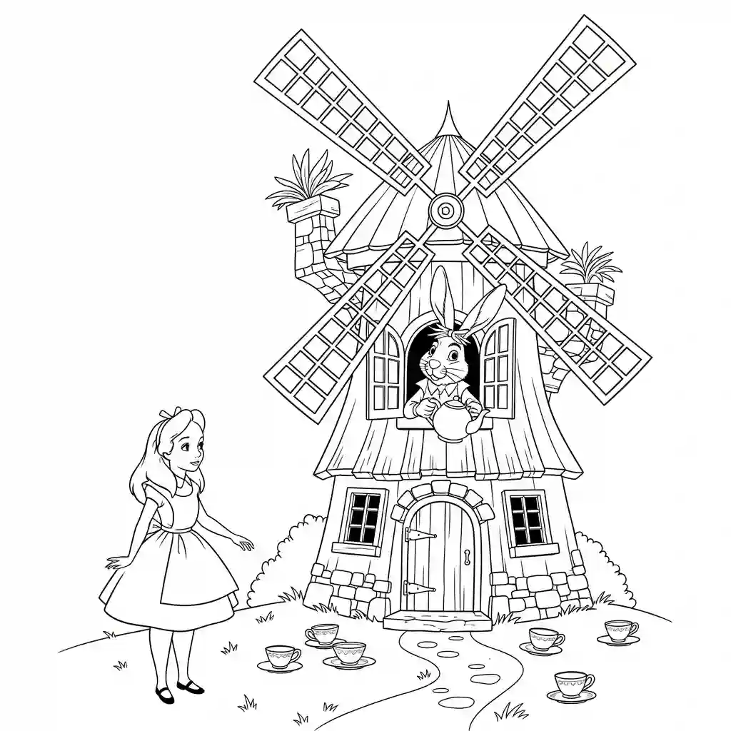 alice tomando chá com o chapeleiro maluco – desenho para colorir