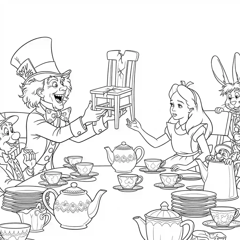 alice tomando chá com o chapeleiro maluco – desenho para colorir