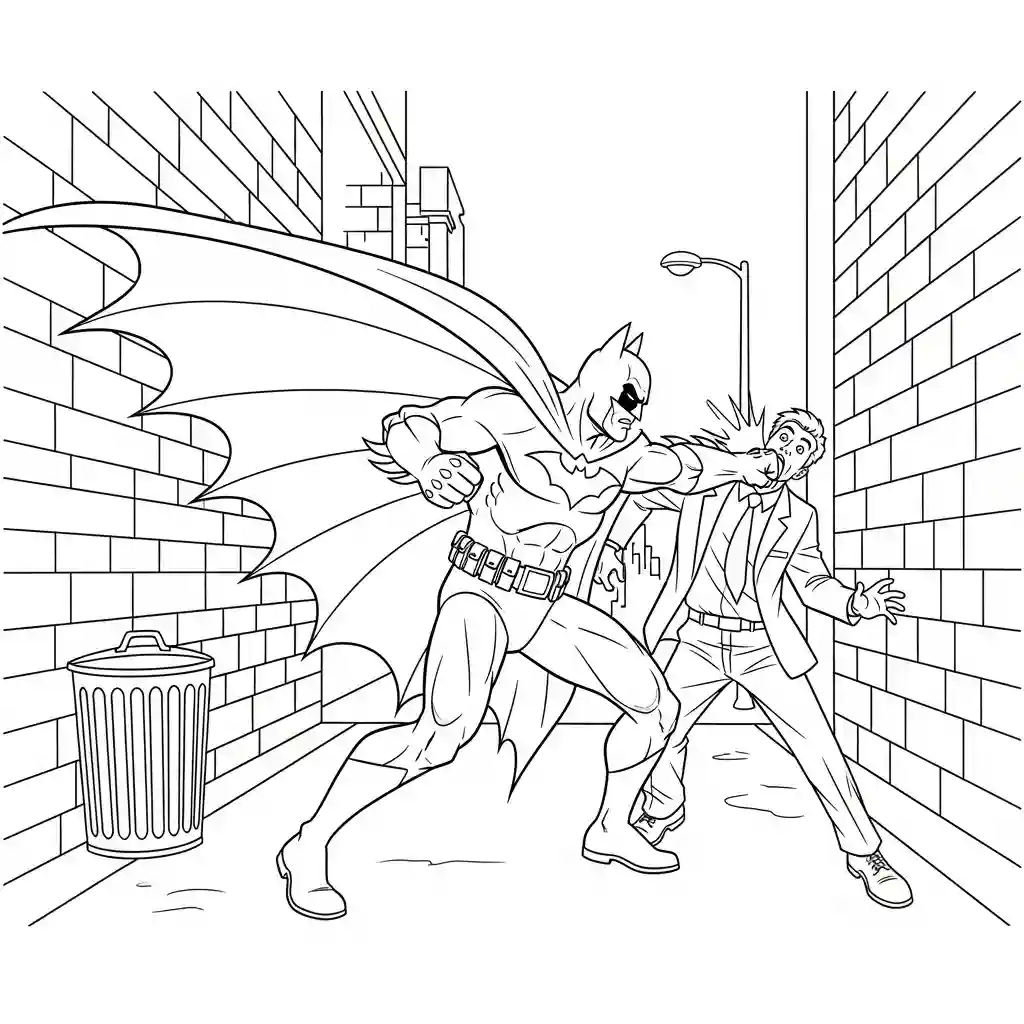 Desenhos do Batman para colorir com cenas de ação, fundo branco e traços grossos, perfeitos para imprimir e pintar