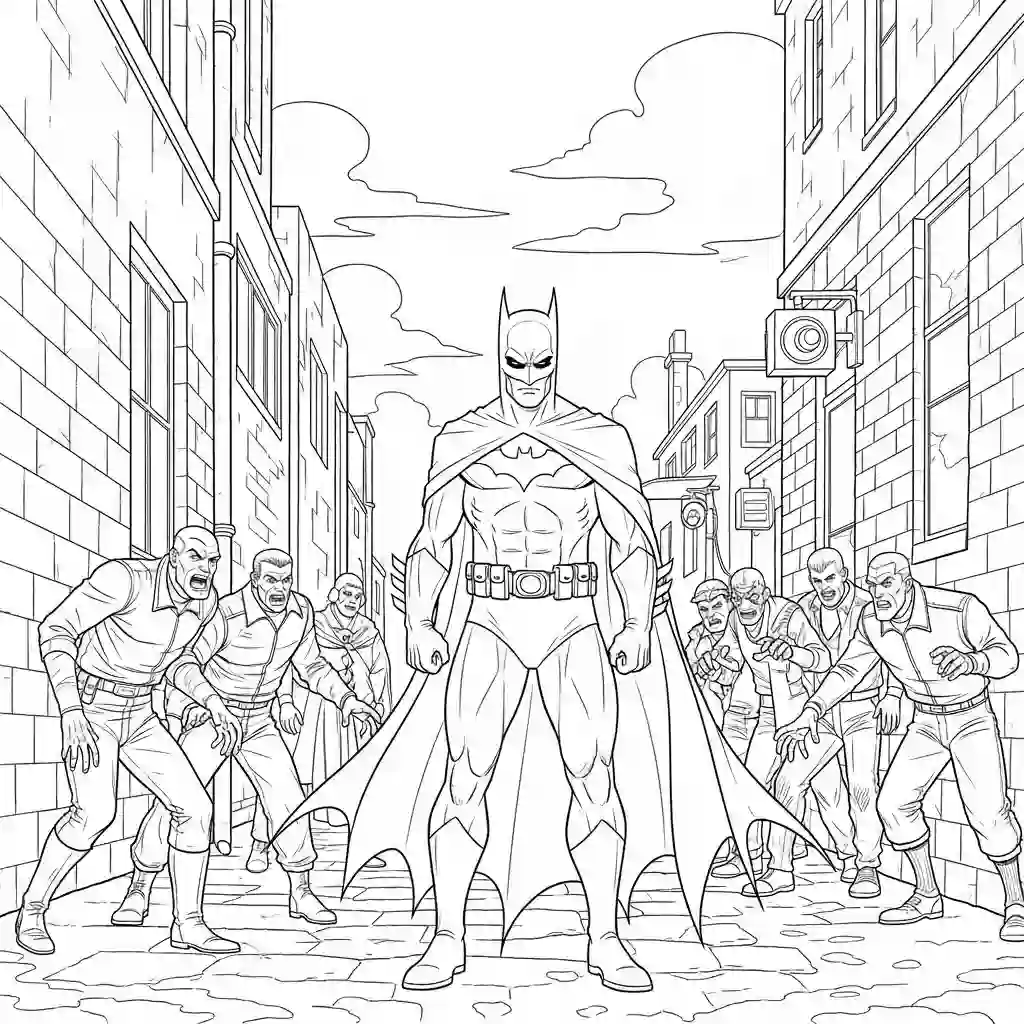 Desenhos do Batman para colorir com cenas de ação, fundo branco e traços grossos, perfeitos para imprimir e pintar