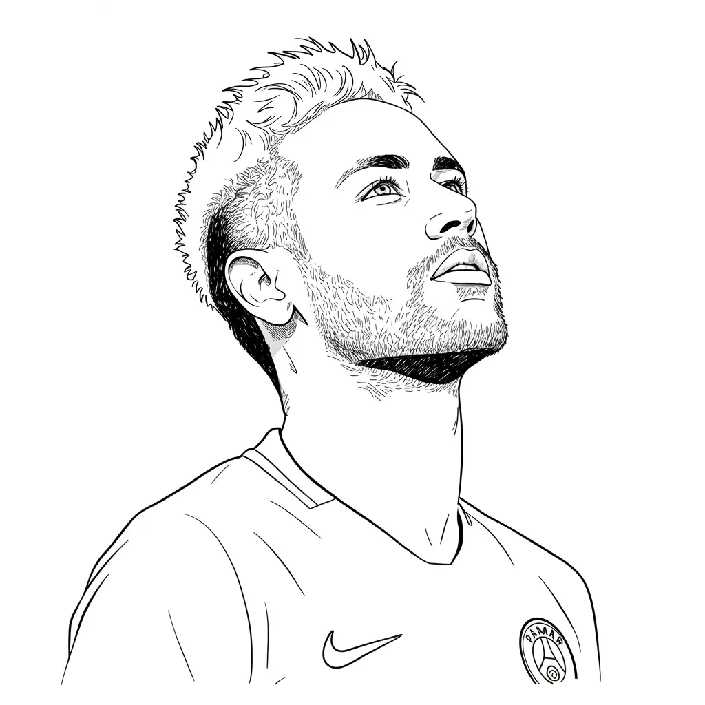 Desenho para colorir do Neymar Jr em estilo retrato, com fundo branco, ideal para imprimir e pintar em casa.