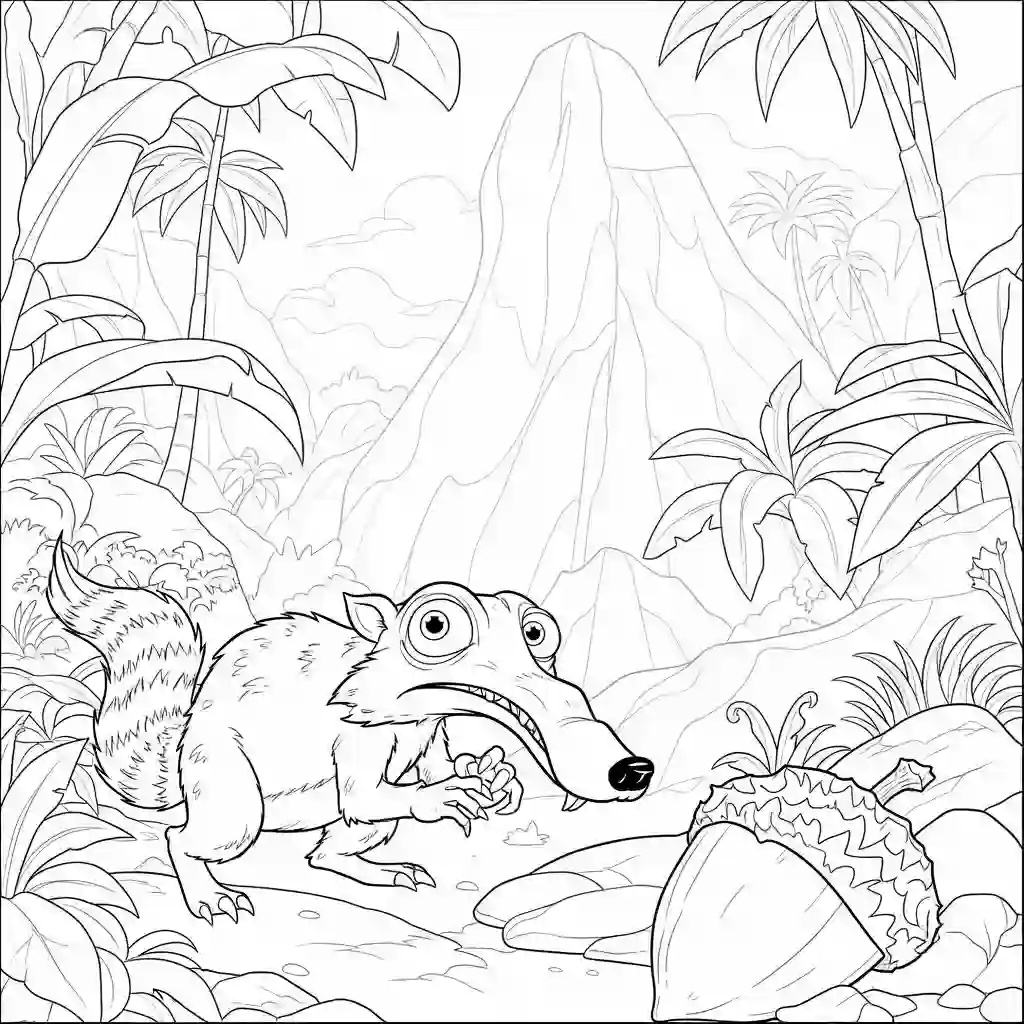 Desenho da Era do Gelo para colorir com Manny, Sid, Diego e Scrat em preto e branco