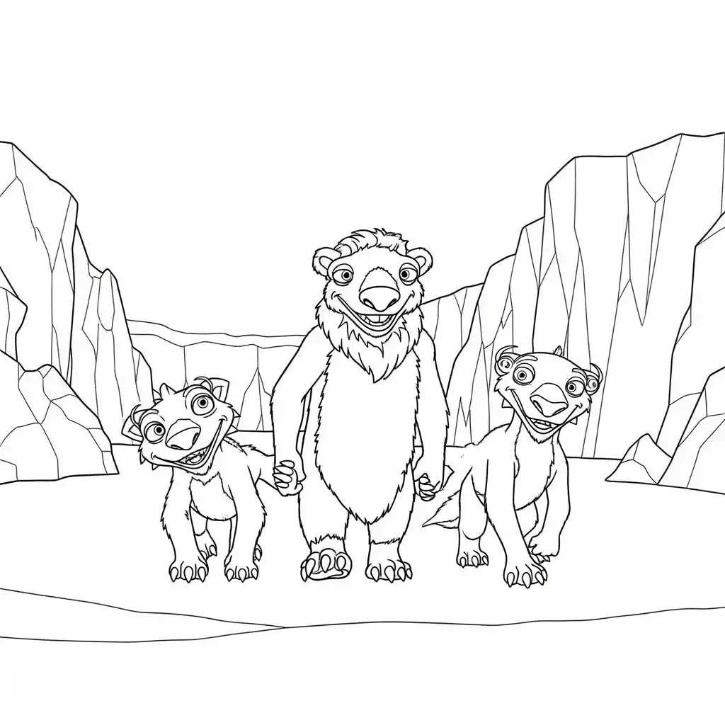 Desenho da Era do Gelo para colorir com Manny, Sid, Diego e Scrat em preto e branco
