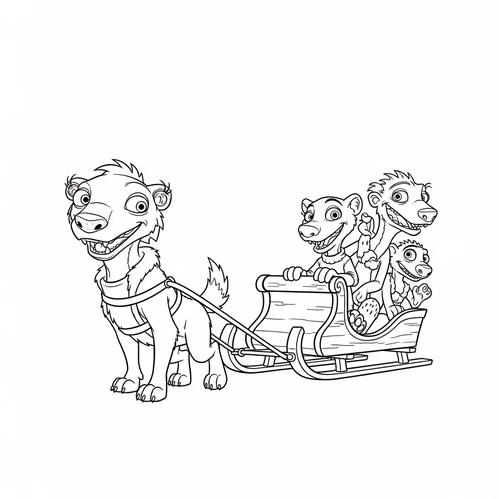 Desenho da Era do Gelo para colorir com Manny, Sid, Diego e Scrat em preto e branco