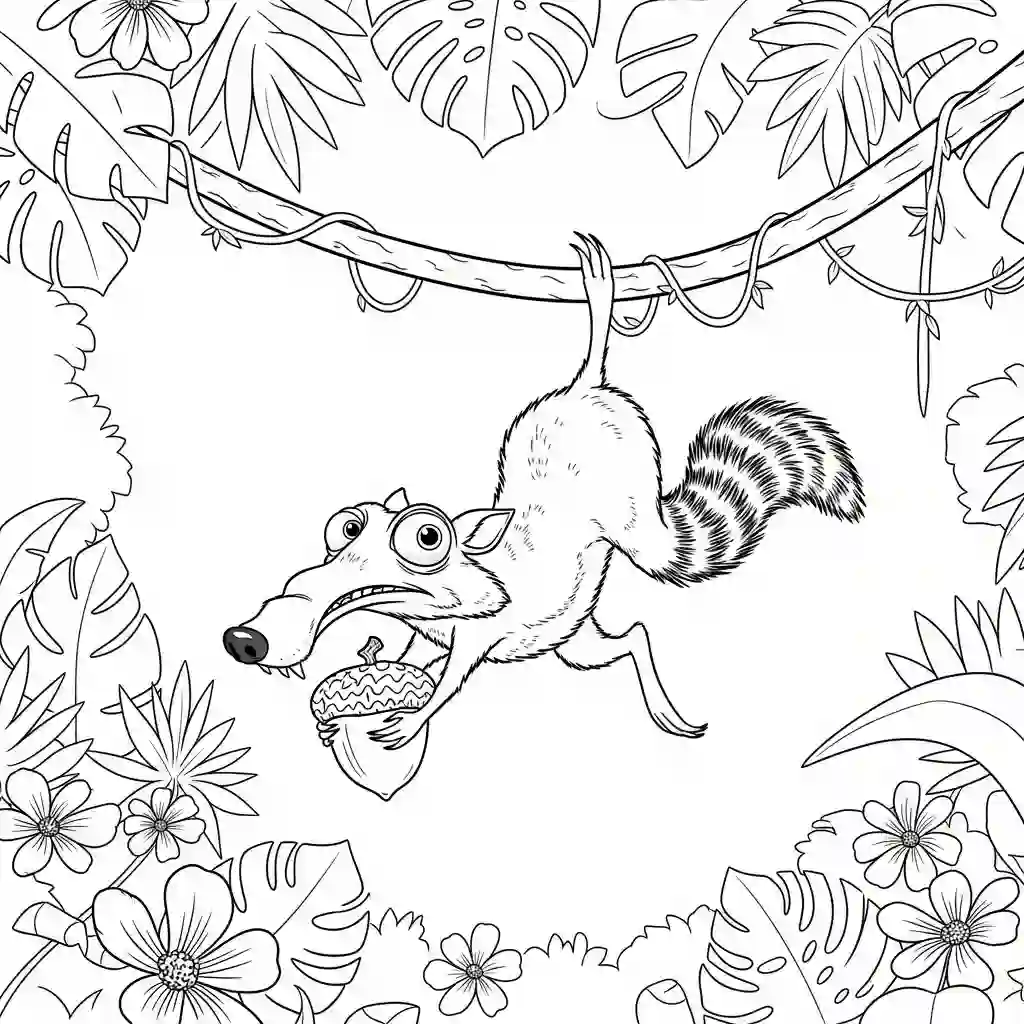 Desenho da Era do Gelo para colorir com Manny, Sid, Diego e Scrat em preto e branco