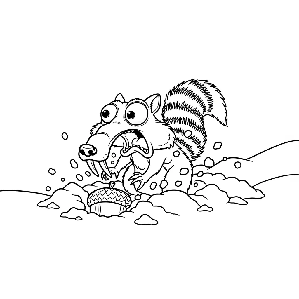 Desenho da Era do Gelo para colorir com Manny, Sid, Diego e Scrat em preto e branco