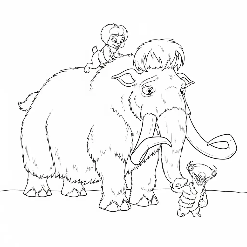Desenho da Era do Gelo para colorir com Manny, Sid, Diego e Scrat em preto e branco