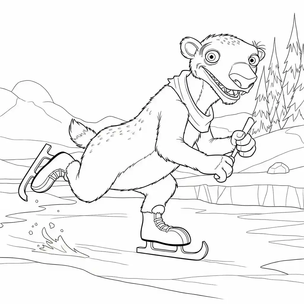 Desenho da Era do Gelo para colorir com Manny, Sid, Diego e Scrat em preto e branco
