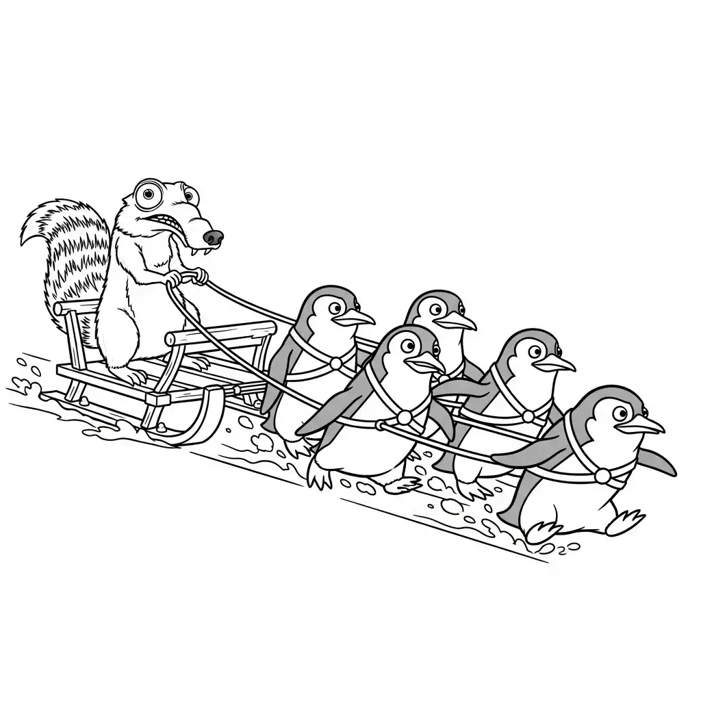 Desenho da Era do Gelo para colorir com Manny, Sid, Diego e Scrat em preto e branco