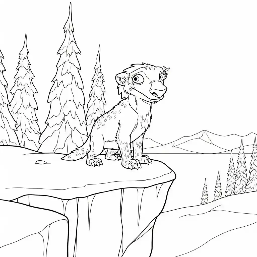 Desenho da Era do Gelo para colorir com Manny, Sid, Diego e Scrat em preto e branco