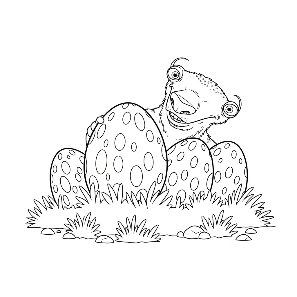 Desenho da Era do Gelo para colorir com Manny, Sid, Diego e Scrat em preto e branco