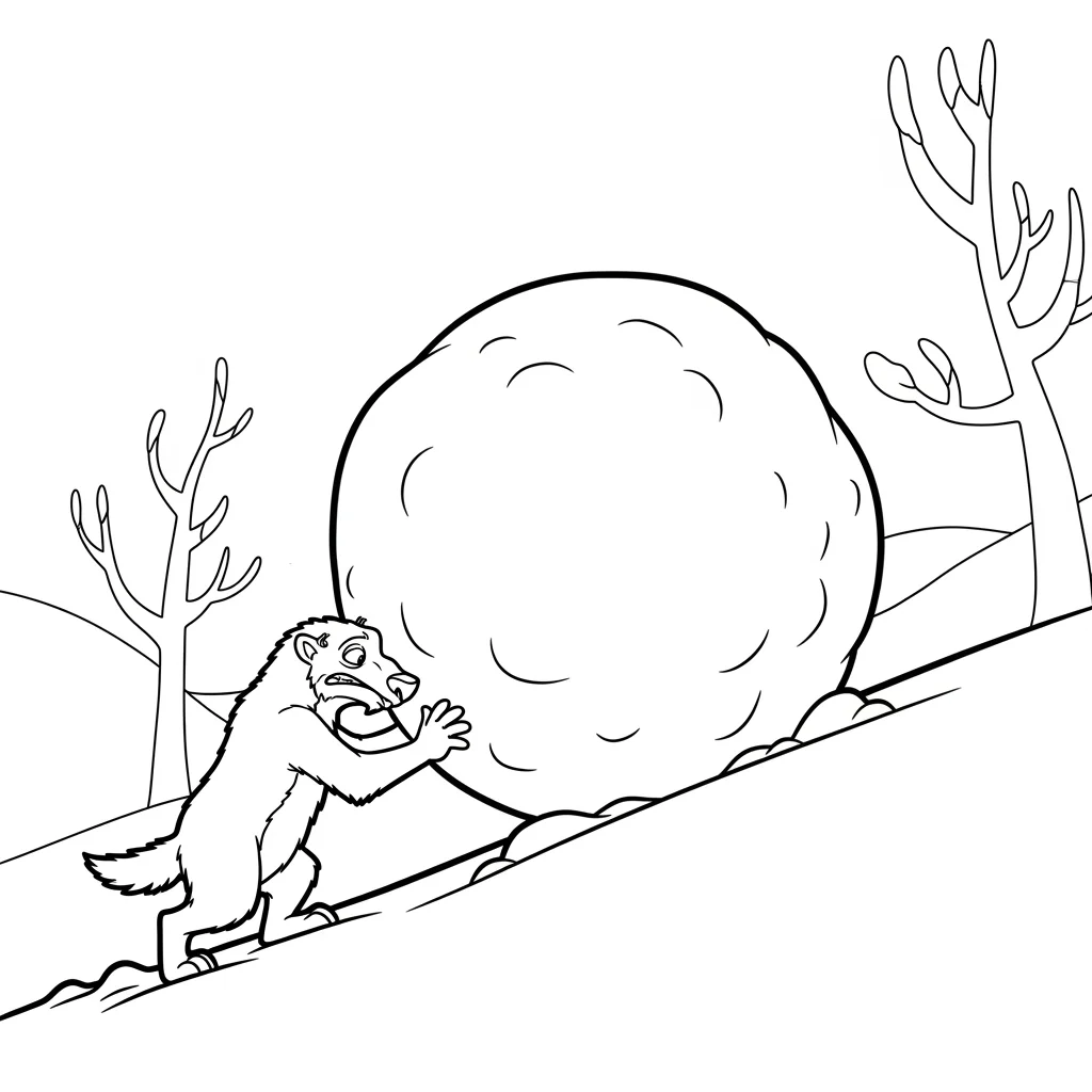 Desenho da Era do Gelo para colorir com Manny, Sid, Diego e Scrat em preto e branco