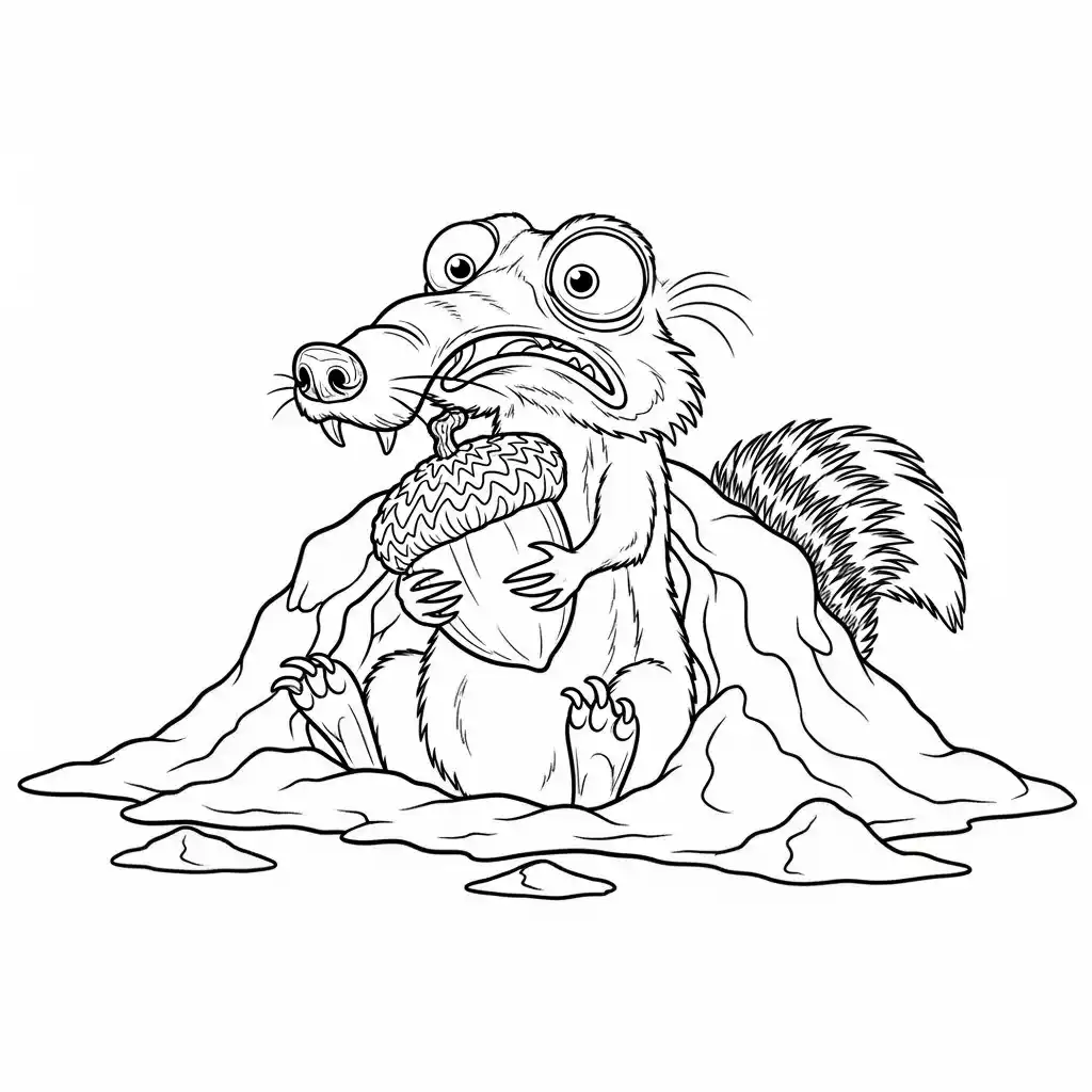 Desenho da Era do Gelo para colorir com Manny, Sid, Diego e Scrat em preto e branco