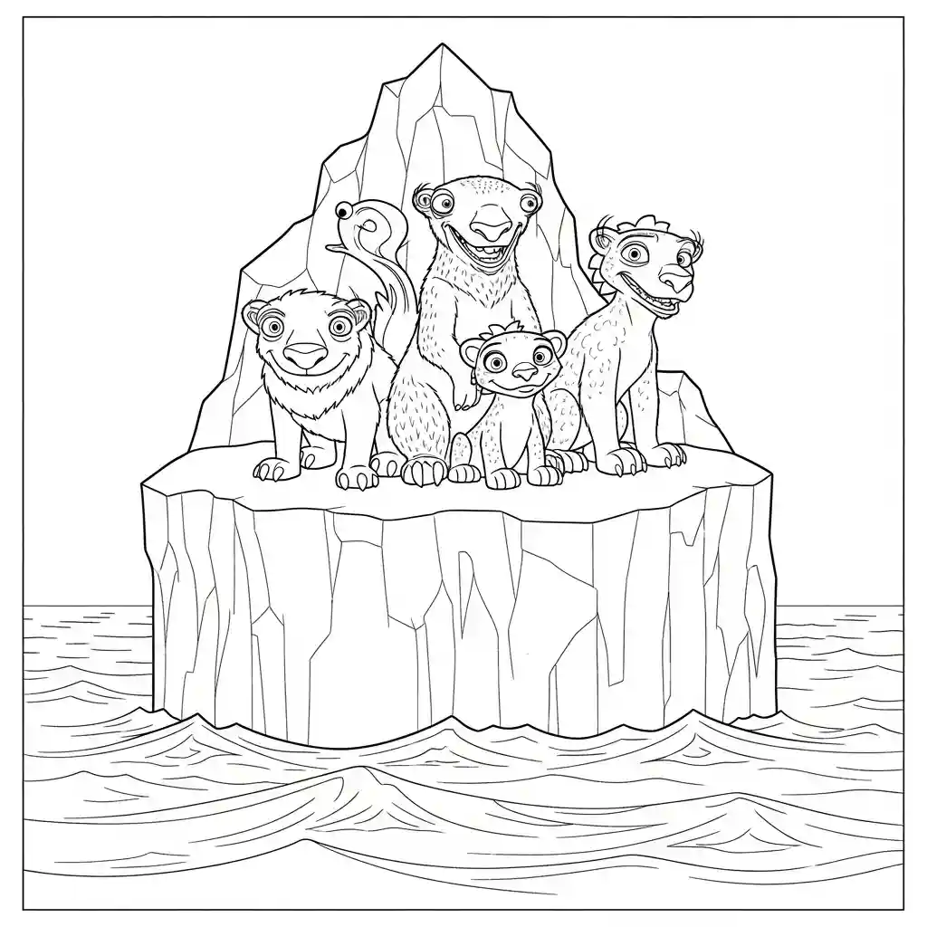 Desenho da Era do Gelo para colorir com Manny, Sid, Diego e Scrat em preto e branco