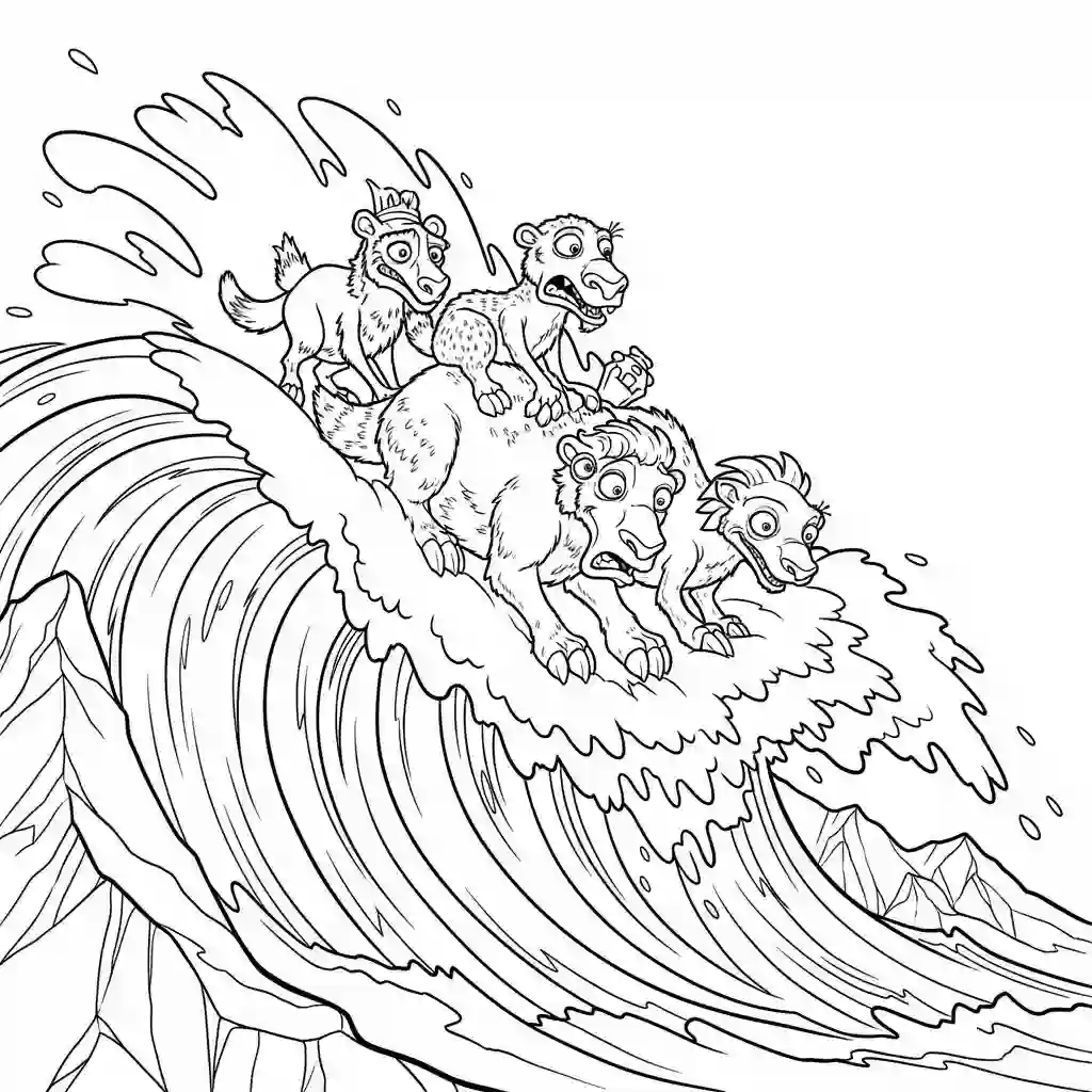 Desenho da Era do Gelo para colorir com Manny, Sid, Diego e Scrat em preto e branco