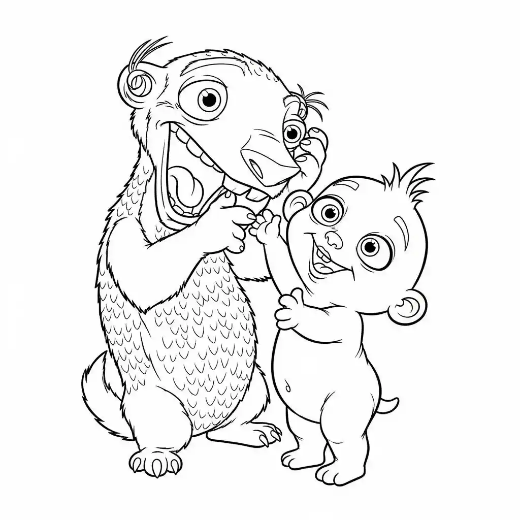 Desenho da Era do Gelo para colorir com Manny, Sid, Diego e Scrat em preto e branco
