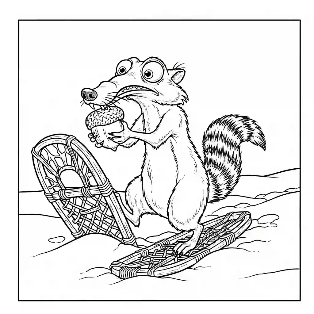 Desenho da Era do Gelo para colorir com Manny, Sid, Diego e Scrat em preto e branco