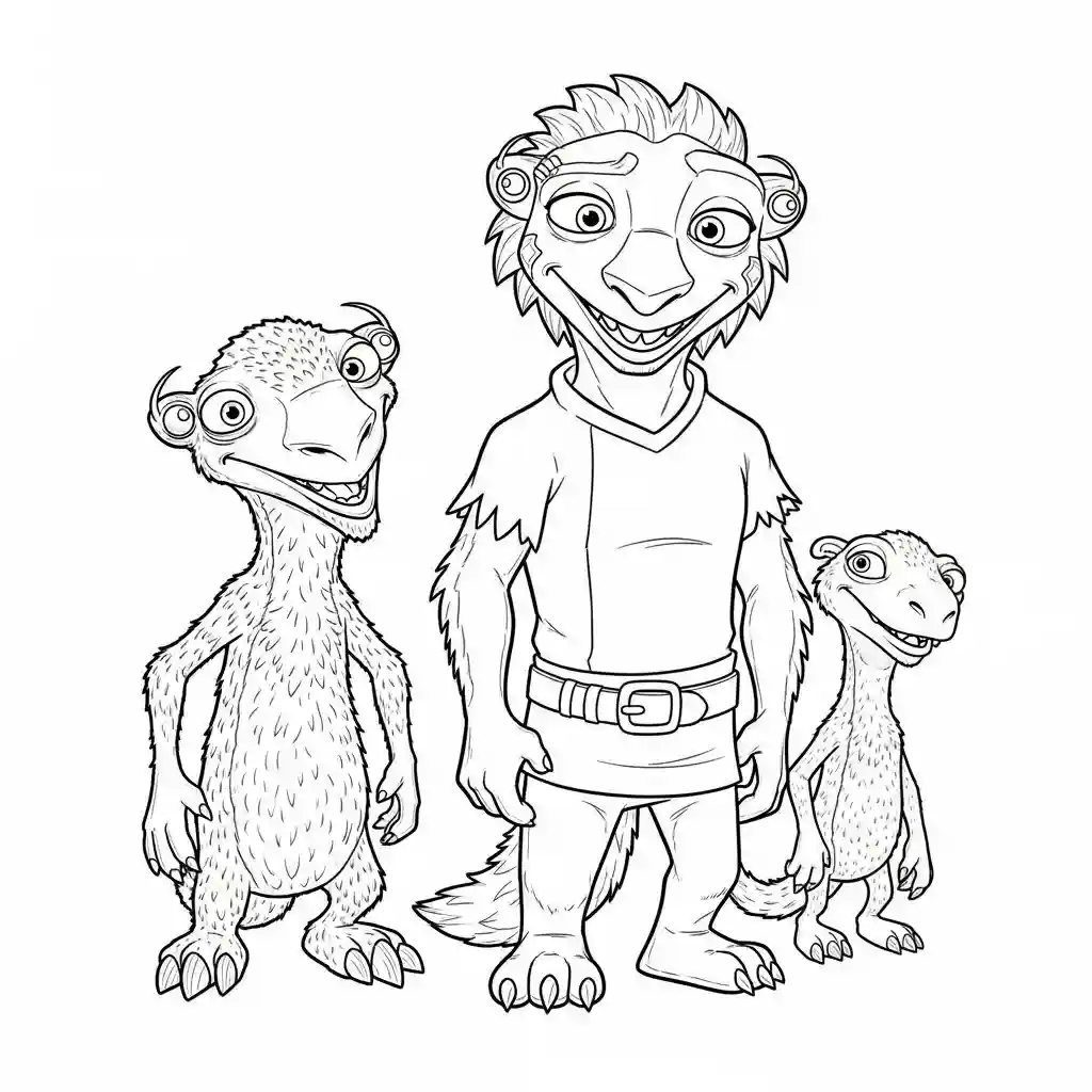 Desenho da Era do Gelo para colorir com Manny, Sid, Diego e Scrat em preto e branco