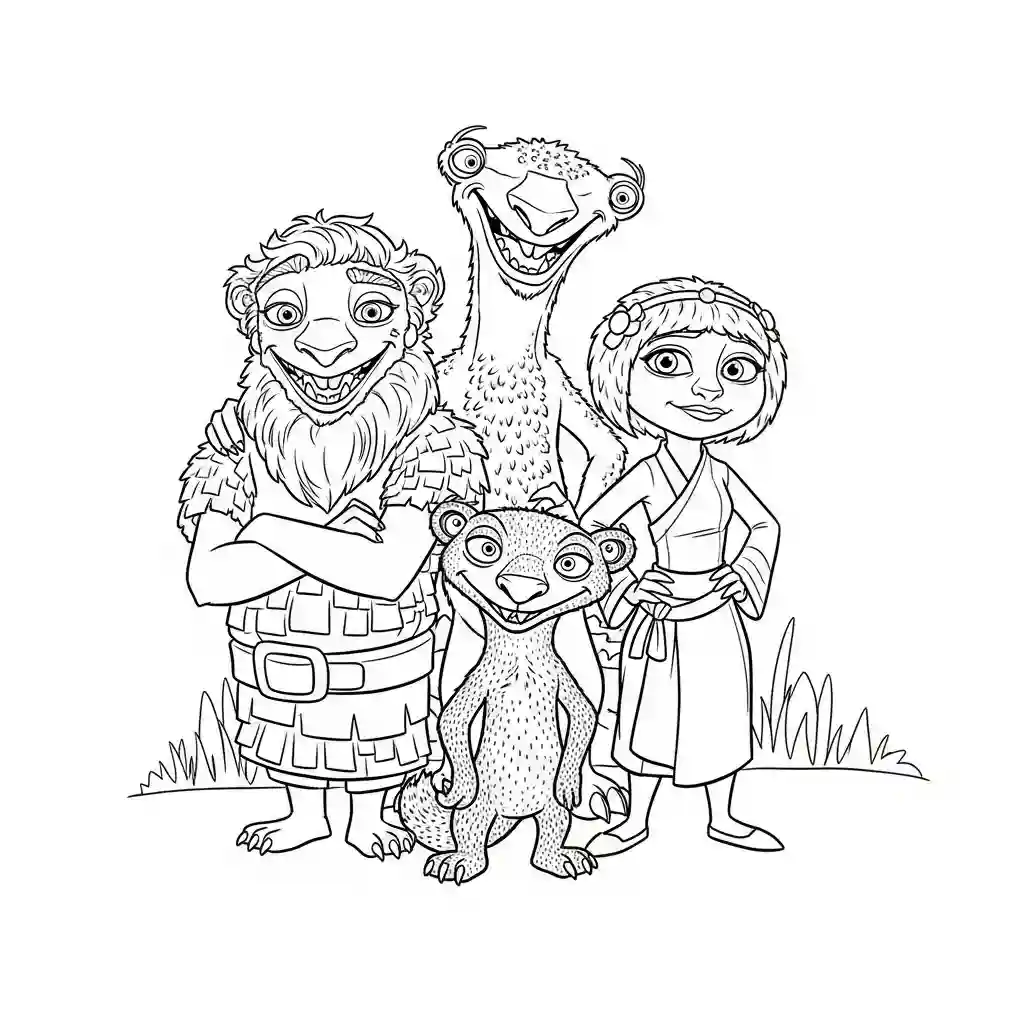 Desenho da Era do Gelo para colorir com Manny, Sid, Diego e Scrat em preto e branco