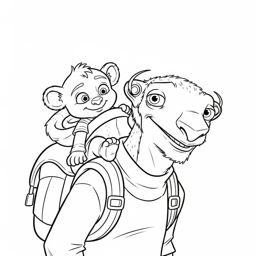 Desenho da Era do Gelo para colorir com Manny, Sid, Diego e Scrat em preto e branco