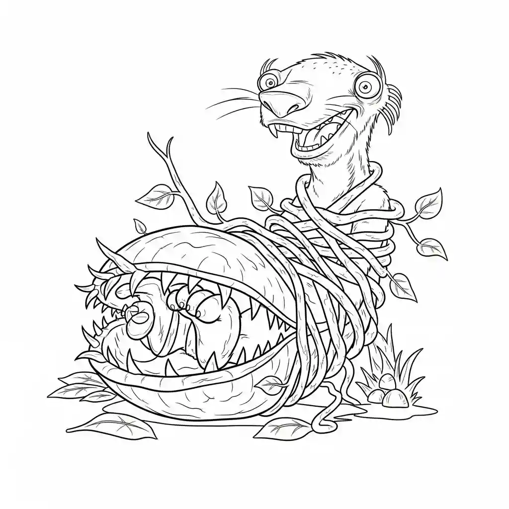 Desenho da Era do Gelo para colorir com Manny, Sid, Diego e Scrat em preto e branco