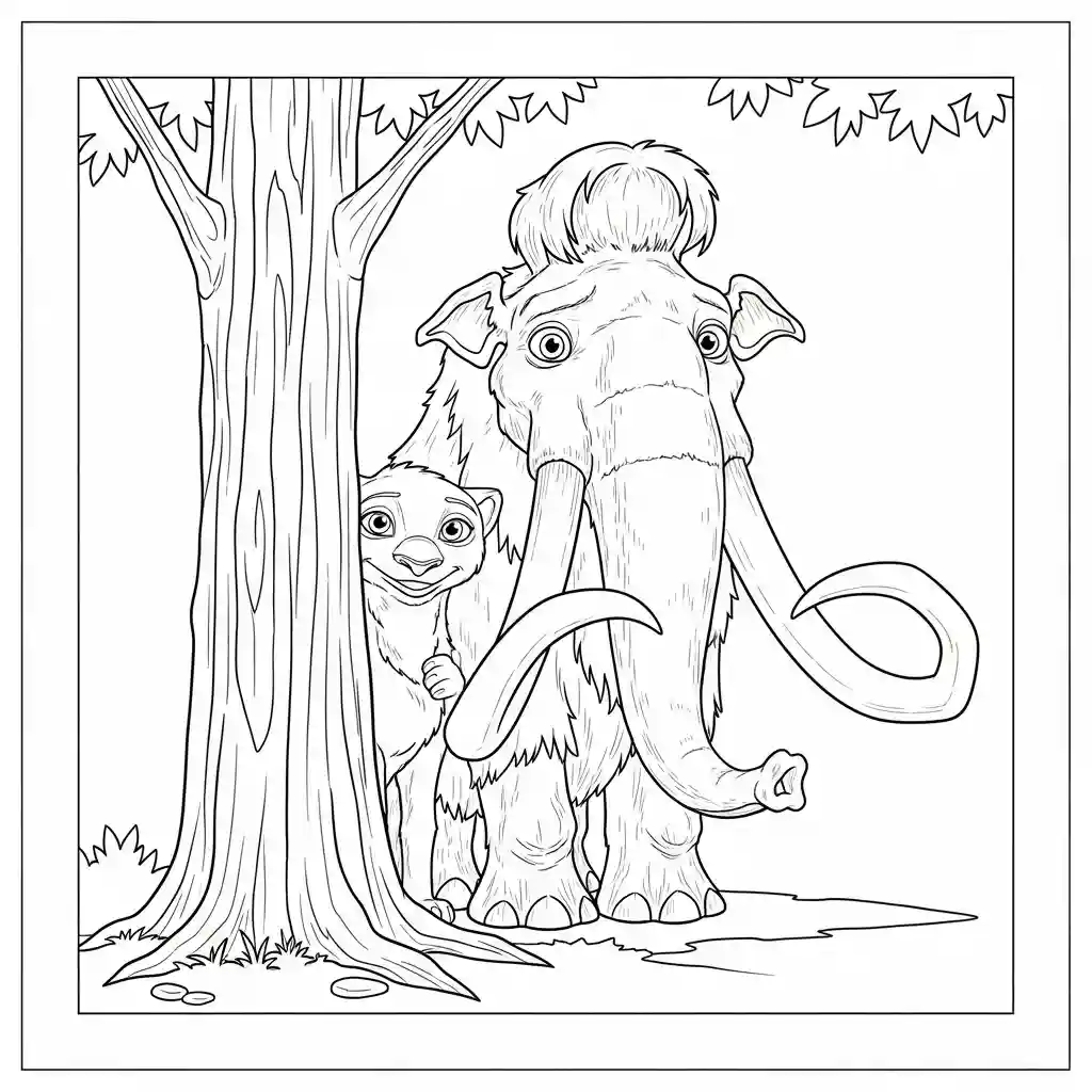 Desenho da Era do Gelo para colorir com Manny, Sid, Diego e Scrat em preto e branco