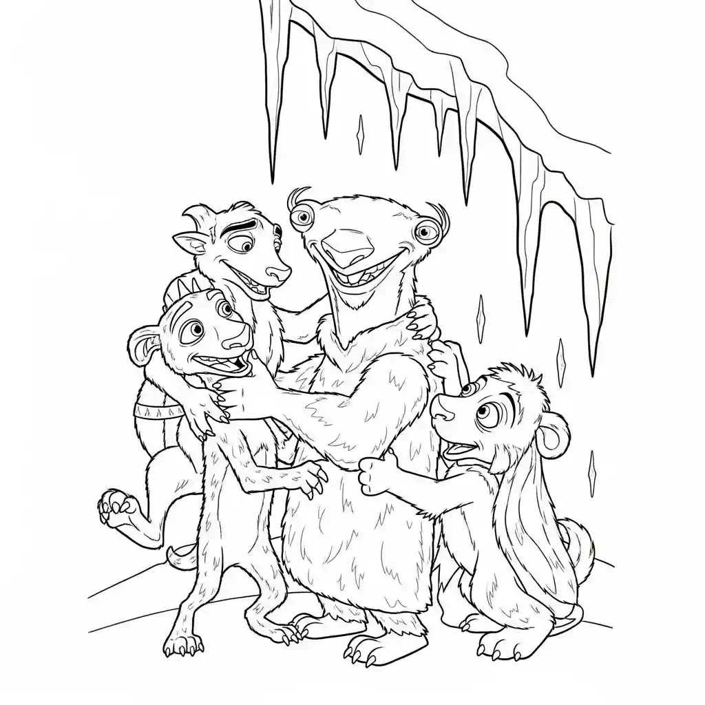 Desenho da Era do Gelo para colorir com Manny, Sid, Diego e Scrat em preto e branco