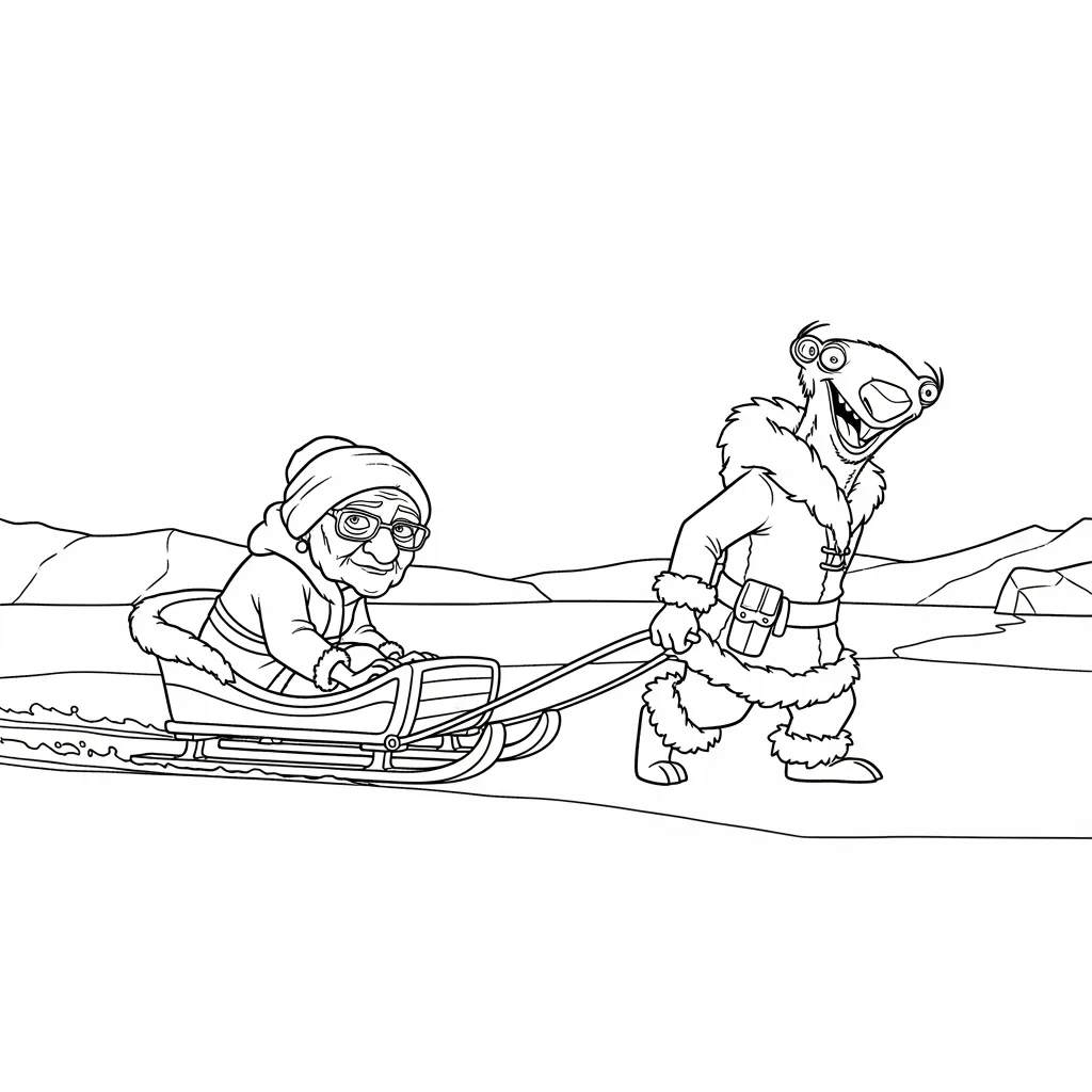 Desenho da Era do Gelo para colorir com Manny, Sid, Diego e Scrat em preto e branco