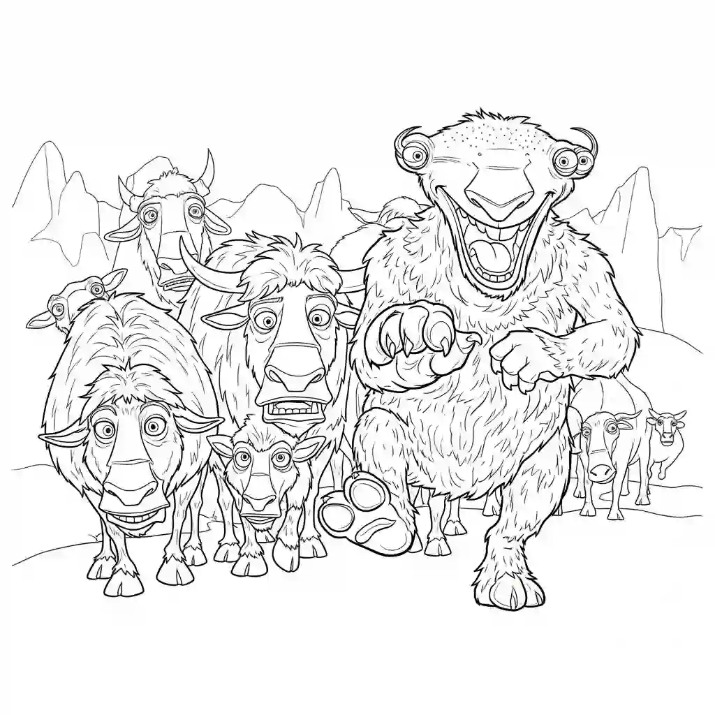 Desenho da Era do Gelo para colorir com Manny, Sid, Diego e Scrat em preto e branco