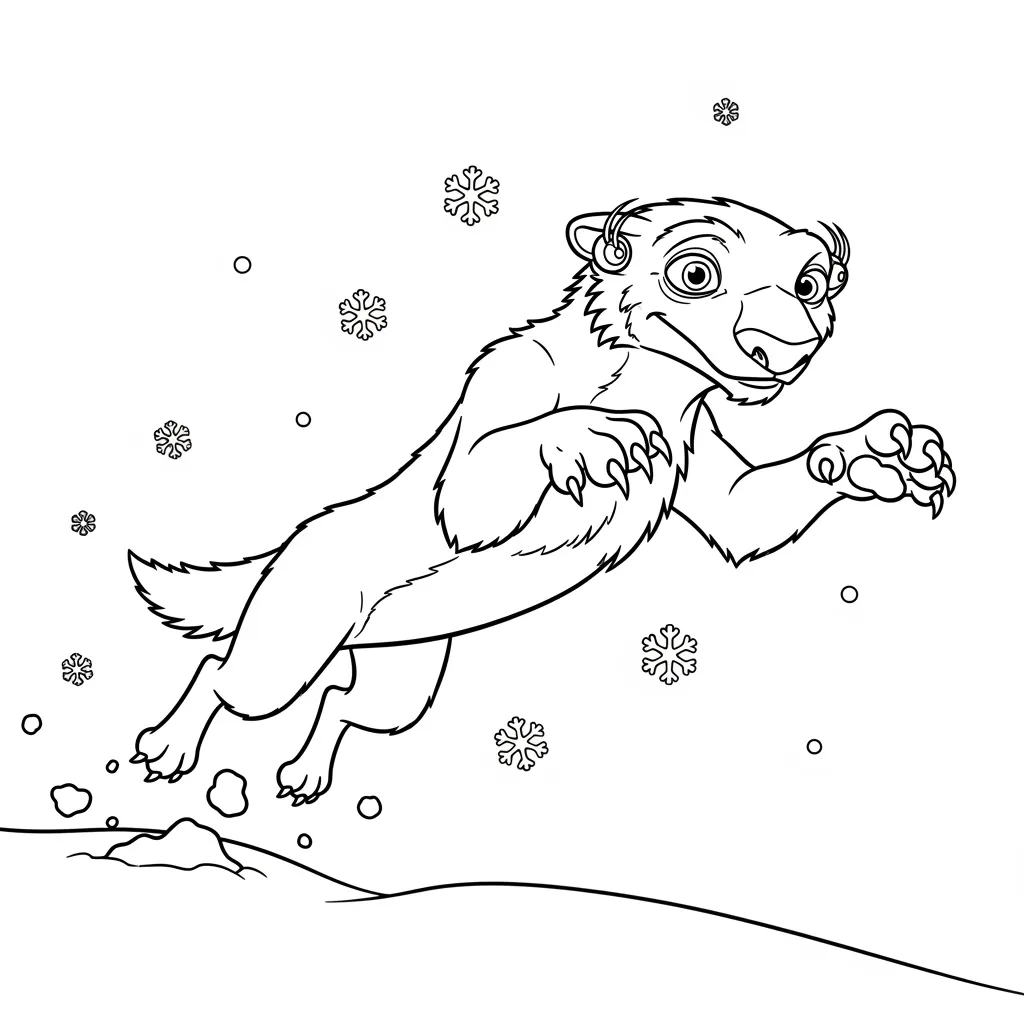 Desenho da Era do Gelo para colorir com Manny, Sid, Diego e Scrat em preto e branco