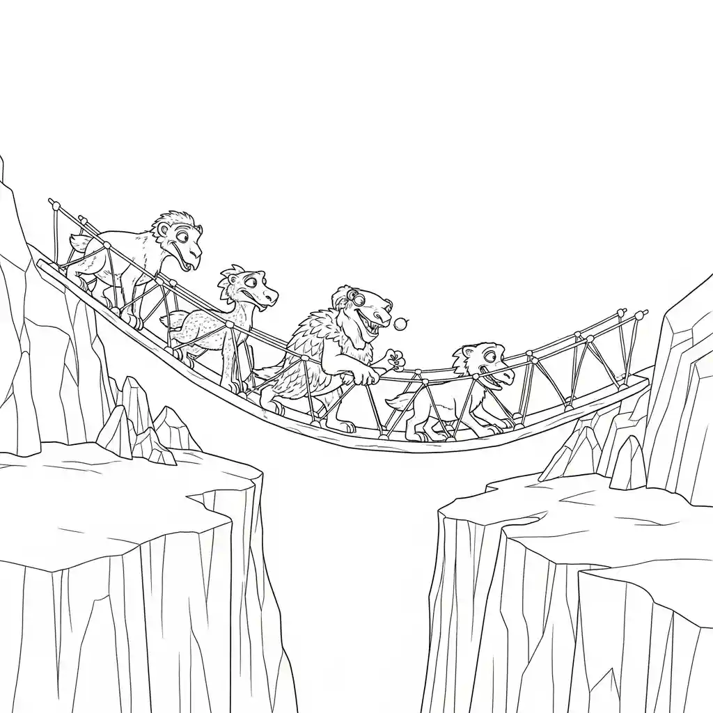 Desenho da Era do Gelo para colorir com Manny, Sid, Diego e Scrat em preto e branco