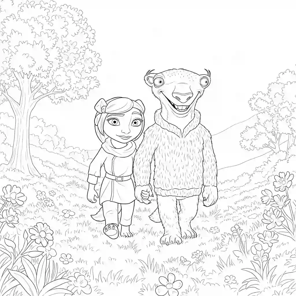 Desenho da Era do Gelo para colorir com Manny, Sid, Diego e Scrat em preto e branco