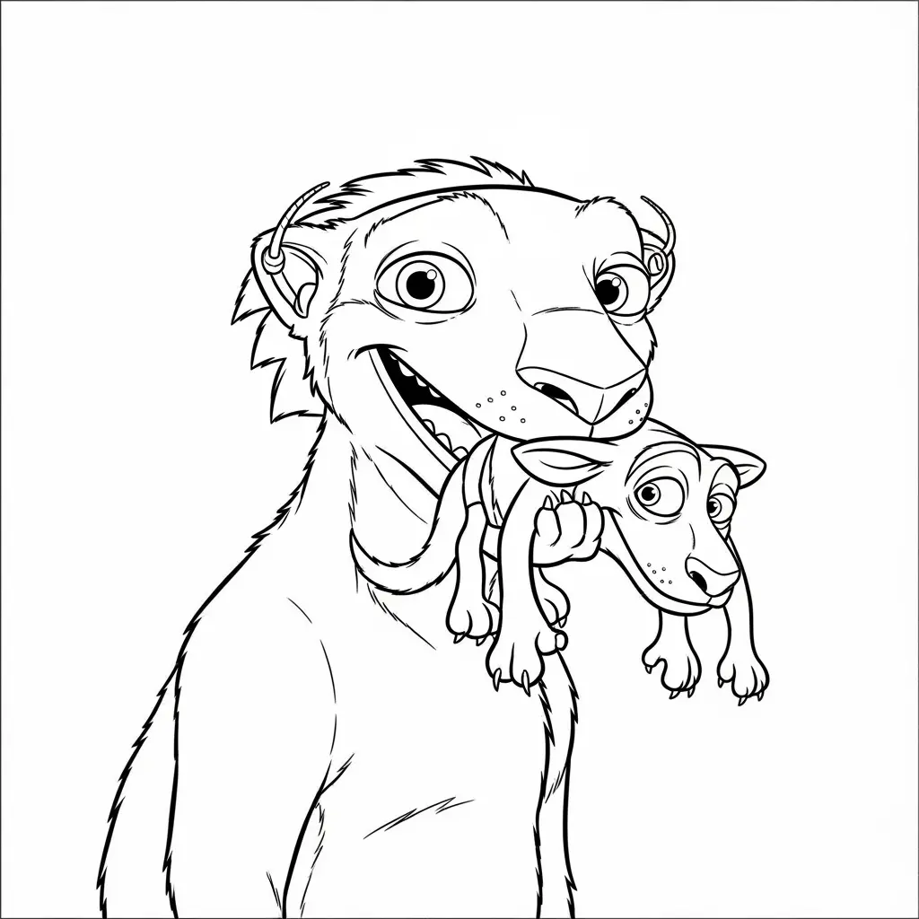 Desenho da Era do Gelo para colorir com Manny, Sid, Diego e Scrat em preto e branco