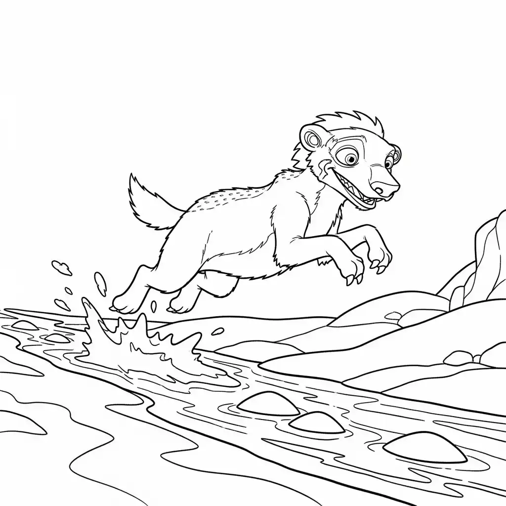 Desenho da Era do Gelo para colorir com Manny, Sid, Diego e Scrat em preto e branco