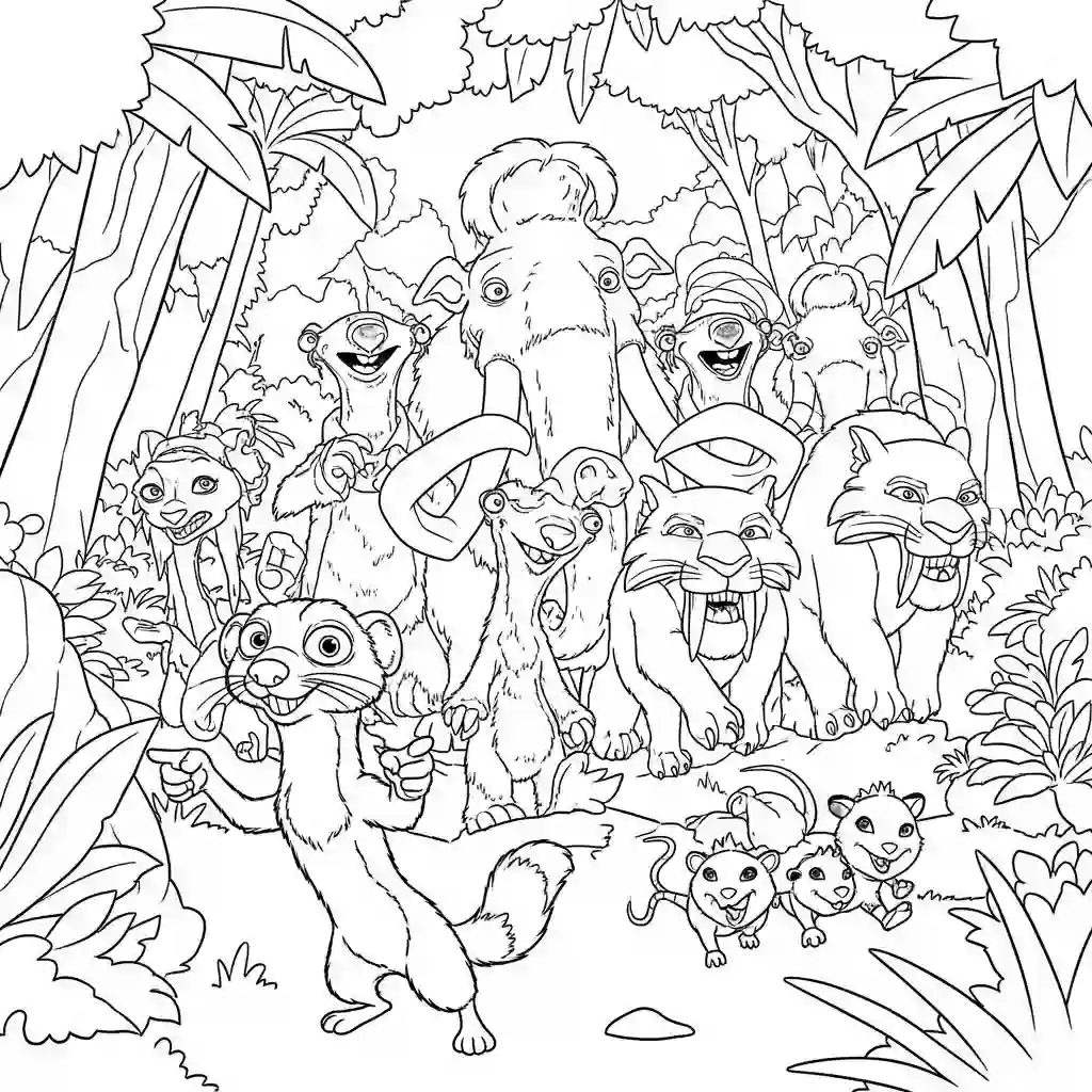 Desenho da Era do Gelo para colorir com Manny, Sid, Diego e Scrat em preto e branco