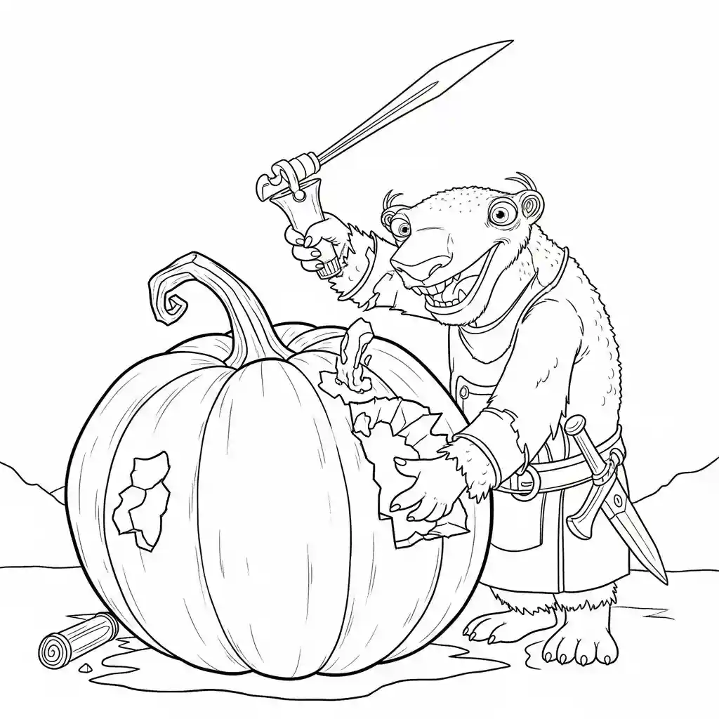 Desenho da Era do Gelo para colorir com Manny, Sid, Diego e Scrat em preto e branco
