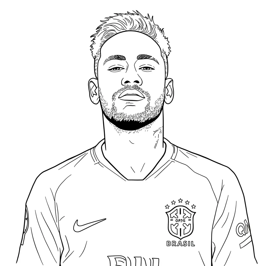 Desenho em preto e branco do Neymar Jr jogando futebol, com uniforme, chuteiras e expressão de foco.